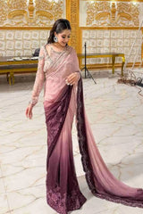 Mbroidered Luxury Wedding Chiffon Saree - BD-3001-Ash Pink Ombre - Z-1458