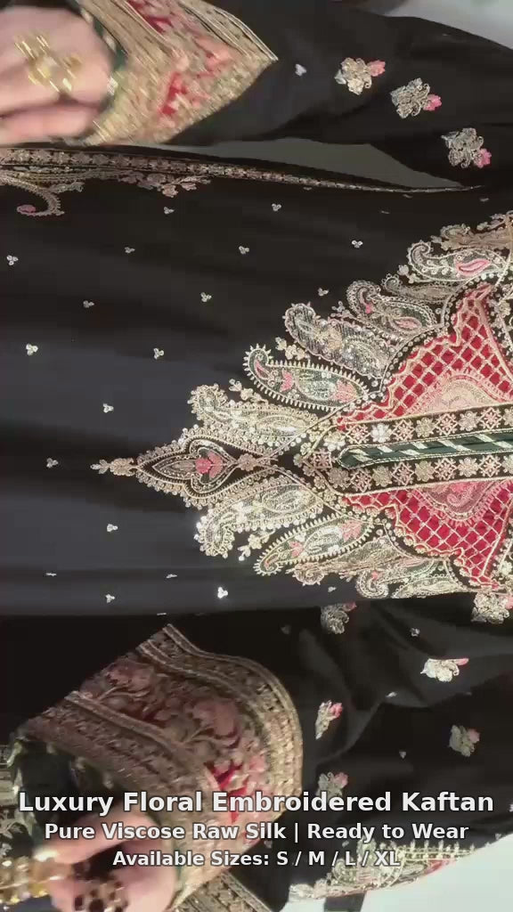 Luxury Floral Embroidered Kaftan – Pure Viscose Raw Silk | Ready to Wear - Z-1778