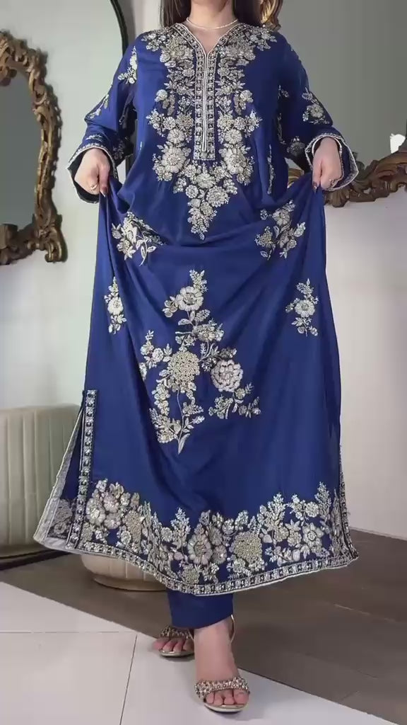 Luxury Floral Hand Embellished Kaftan – Pure Viscose Raw Silk | Ready to Wear - Z-1783